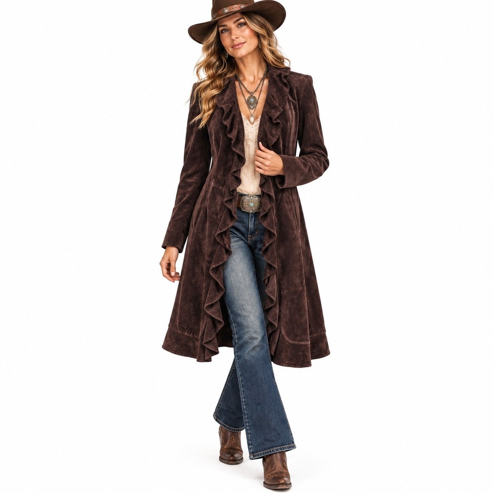Vintage Aria Brown Suede Leather Duster Coat L Ruffle Boho Western Y2K Victorian